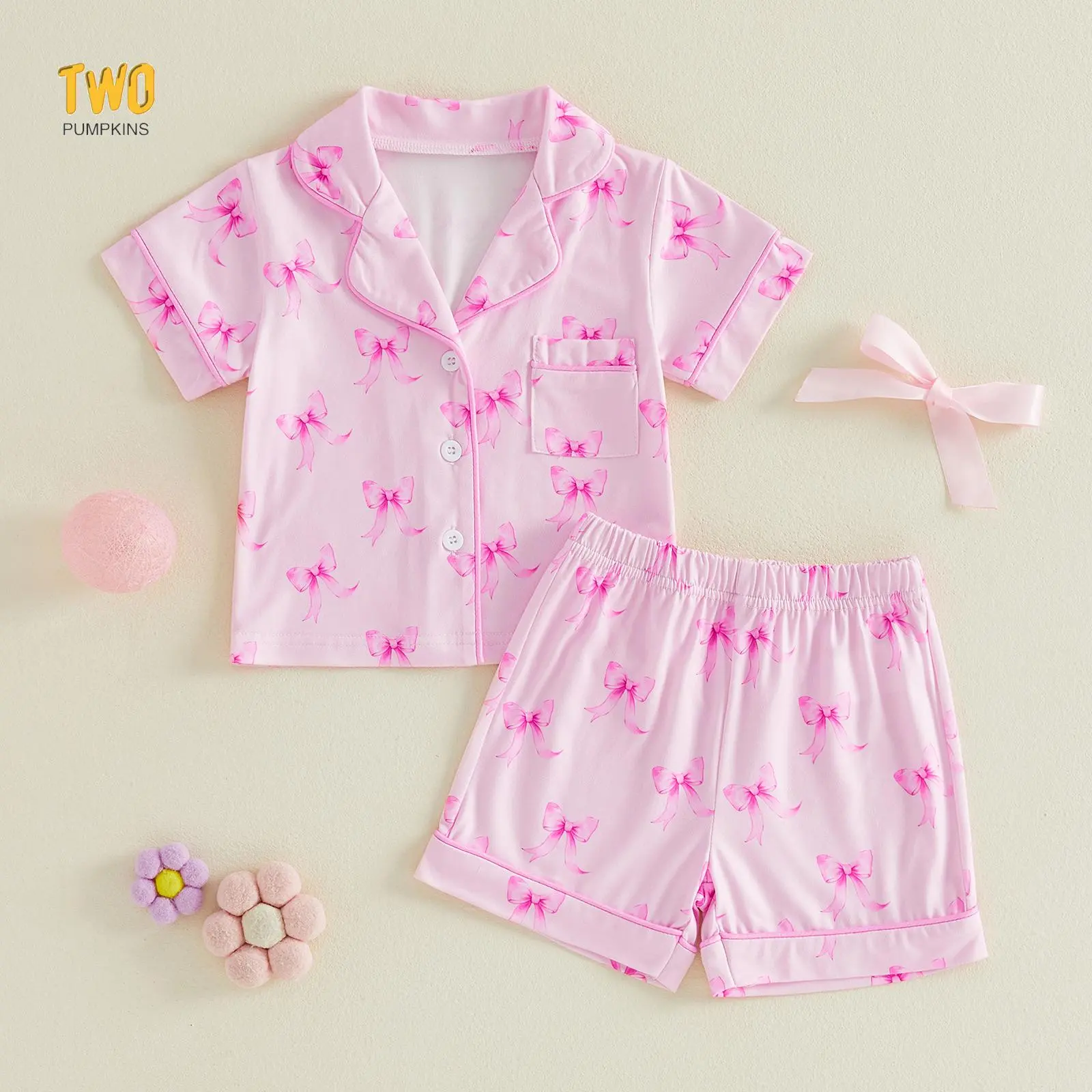 Toddler Baby Girl Summer Pajamas Set Bow Heart Short Sleeve Tops and Shorts 2 Piece Sleepwear Outfit