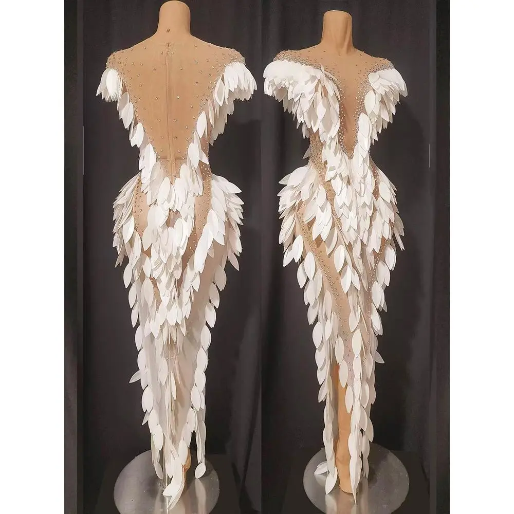 Lady's Glamorous Feather-Shape Split Dress in Trailing Elastane Mesh with Sparkly Rhinestones for Modern Dance, Transparent Clothes For Women, Women's, Chic, Pearl, Rhinestone Accents, Flattering Fit, Adults, Elegant Chic Dress, High-Quality Elastane, Dry
