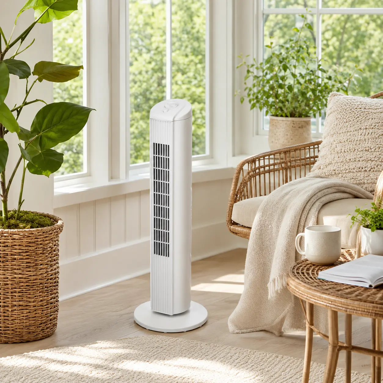 28" White Oscillating Tower Fan with 3-Speed Settings for Quiet Air Circulation