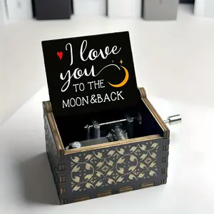 Wooden Music Box, 1 Count Vintage Wooden Music Box with Handle, Creative Music Box for Birthday Gift, Home Decor Supplies, Ornaments, Moon, Romantic, Decorations Supplies