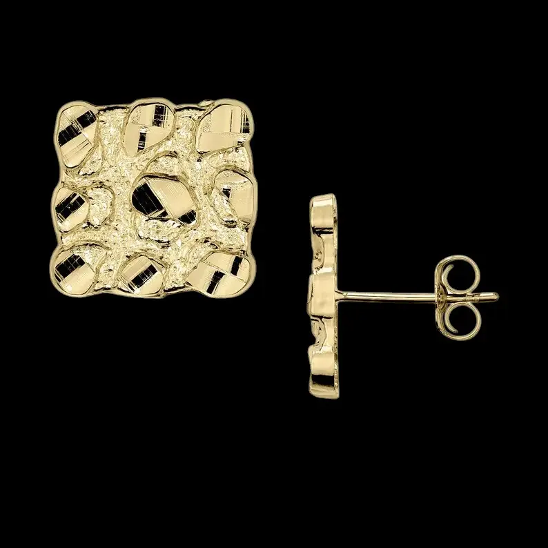 High-End Brass Unisex 14K Gold plated Nugget Style Square 9mm X 9mm Fashion Bling Stud Earrings Female Male Casual Elegant luxury Jewelry Daily Party Accessory