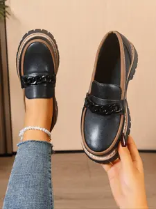 Women's Chain Loafers, Spring & Fall Casual PU Leather Shoes, Less Than Ankle Height, Plain Pattern, PVC Sole