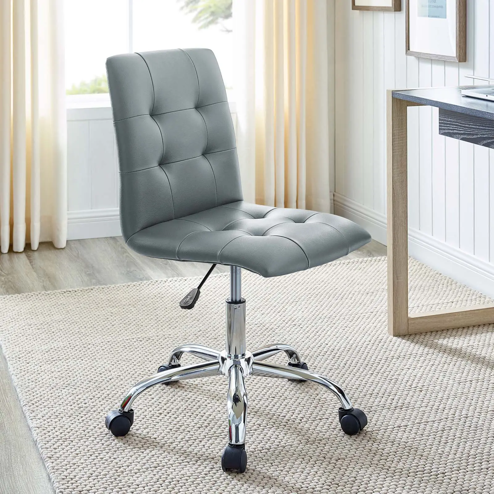Modway Ripple Trimmed Armless Mid-Back Vinyl Office Chair, Gray Cushioned Rolling 360-Degree Swivel Padded Seat Modern Chair & Stool, Trim, Cushioned Rolling Swivel Chairs & Stools