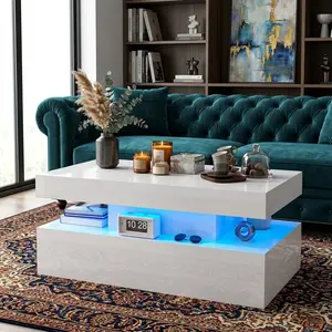 LED Light Coffee Table Modern High Gloss Surface Living Room Center Table Practical Storage Design Household Accent Table Stylish Home Living Furniture For Indoor Use