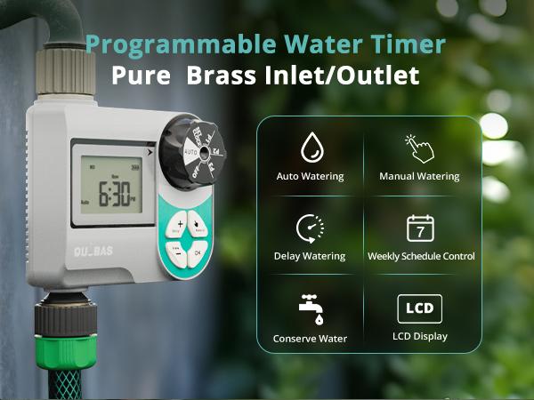 QUOBAS Sprinkler Timer for Garden Hose, Weekly Programmable Digital Water Timer with Rain Delay/Auto/Manual 3 Modes, Drip Irrigation System, Pool, Lawn, Battery Powered, 1 Zone QUOBAS Sprinkler Timer for Garden Hose, Weekly Programmable Digital Water Timer with Rain Delay/Auto/Manual 3 Modes, Drip Irrigation System, Pool, Lawn, Battery Powered, 1 Zone