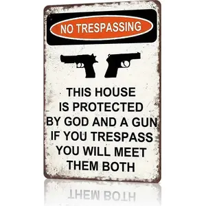 "Protected By God And A Gun" Patriotic Metal Sign - 8x12 aluminum home decor for entryways, man caves, Bold black-and-white design with two handguns, perfect for viral gun rights content and gift unboxings for patriots