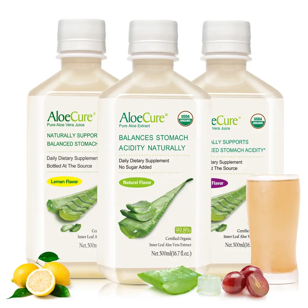 AloeCure Organic Pure Aloe Juice Beverage by American Global Health Group, LLC - Non-GMO, Gluten-Free, Dairy-Free 3-Bottle Sample Pack - Lemon, Grape, Natural Flavors - 3x500ml - 12 Hours of Harvest - Balances Stomach Acidity