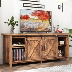58In/70In/80in Farmhouse TV Stands for 65 70 75 80 85 90 inch TV w/Adjustable Shelves,Sliding Barn Door.Rustic Wooden Entertainment Center,TV Console Grey Cabinet w/Storage for Bedroom Living Room(Dark Grey/Dark Brown)