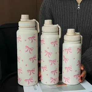 Bow Pattern Stainless Steel Vacuum Flask, 1 Count Portable Large Capacity Water Bottle, Summer Cool Bottle Drinking Cup for Home Office Outdoor Sports, Drinkware, Vacuum Insulated Flask, Stainless Steel Tumbler