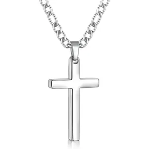 Cross Necklace for Men, Stainless Steel Mens Cross Necklaces with 3.5mm Figaro Cross Chain, Silver Tone Cross Chain Necklace, 16-24Inch