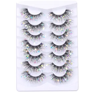 Glitter Lashes Dramatic False Eyelashes with Shinny Glitter Decorative Colored Lashes Glow in the Dark Faux Mink Eyelahses Cat Eye Strip Lashes Pack 7 Pairs