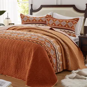 2-3 Pieces Bedspread Coverlet Set - Twin, Full, Queen, King Size Bohemian Quilt Set with 1-2 Pillow Shams - Orange, Green, Blue, Purple Bedding Set with Aztec Design
