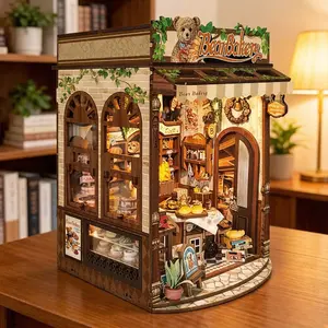 DIY Miniature Bakery Model Book Stand,  Wooden Book Nook Model, 3D Puzzle Miniature Bookshelf,Miniature Scene Deco, Handmade Home Decor, Unique Desktop Ornament - Ideal for Christmas, Thanksgiving, and Birthday Gifts (Batteries and Tool Glue Not Included)