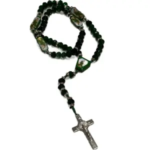 Exquisite Rosary Saint Jude or Virgin Mary Cross Pendant Mexican Necklace Braided Cord Green beads Chain Charm Accessories for Men and Women Catholic St Jude Elegant Religious