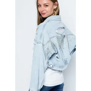 Rhinestone Fringe Distressed Denim Jacket