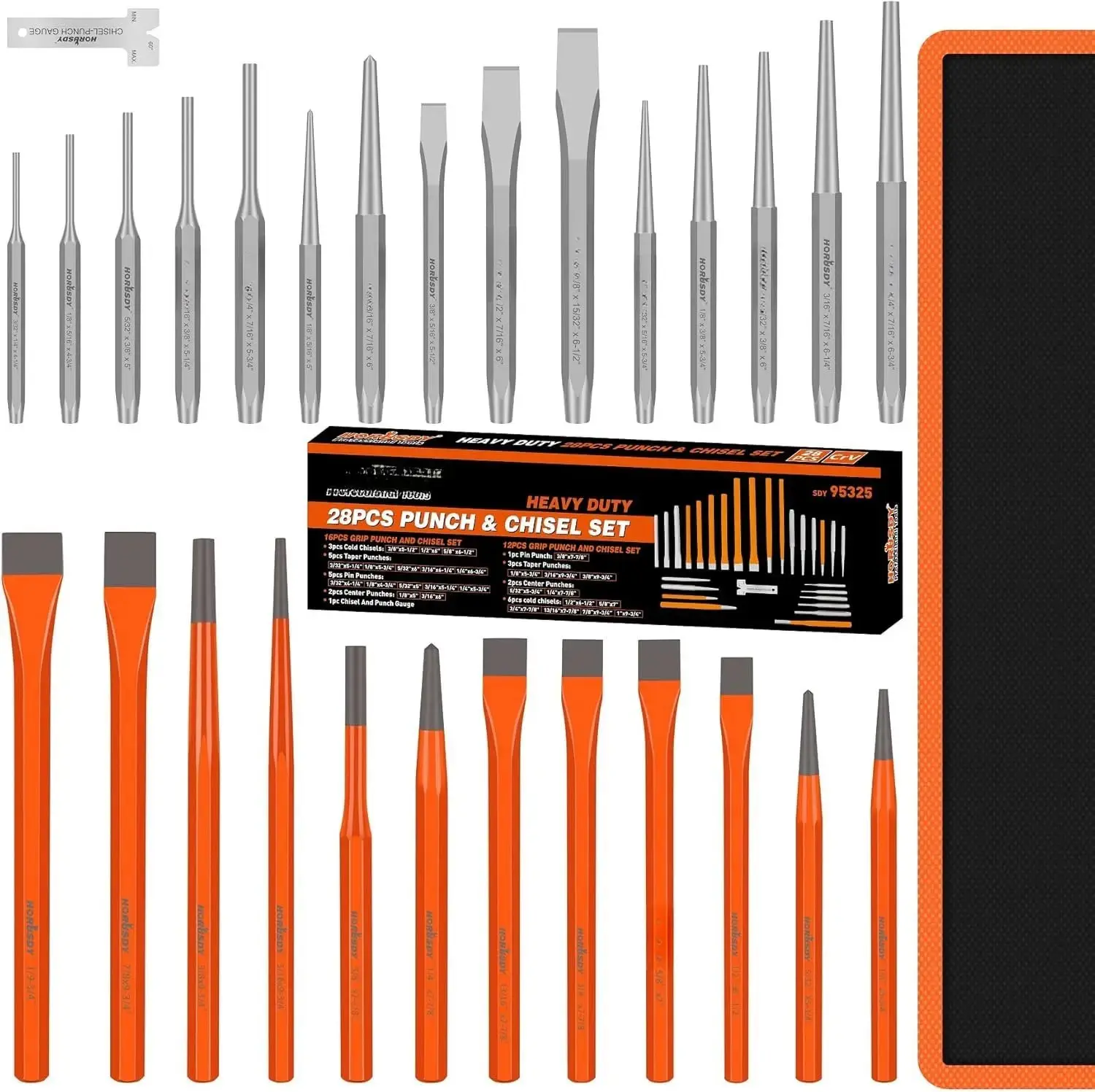 Heavy Duty Metal Hand Chisel Set - Multiple Set Options, Heat Treated Tools with 28 Different Shapes and Designs, 12-Piece HRC54+ High Hardness (Taper, Cold Chisels, Pin, Center Punch), 16-Piece Chrome Vanadium, Special Storage Bag