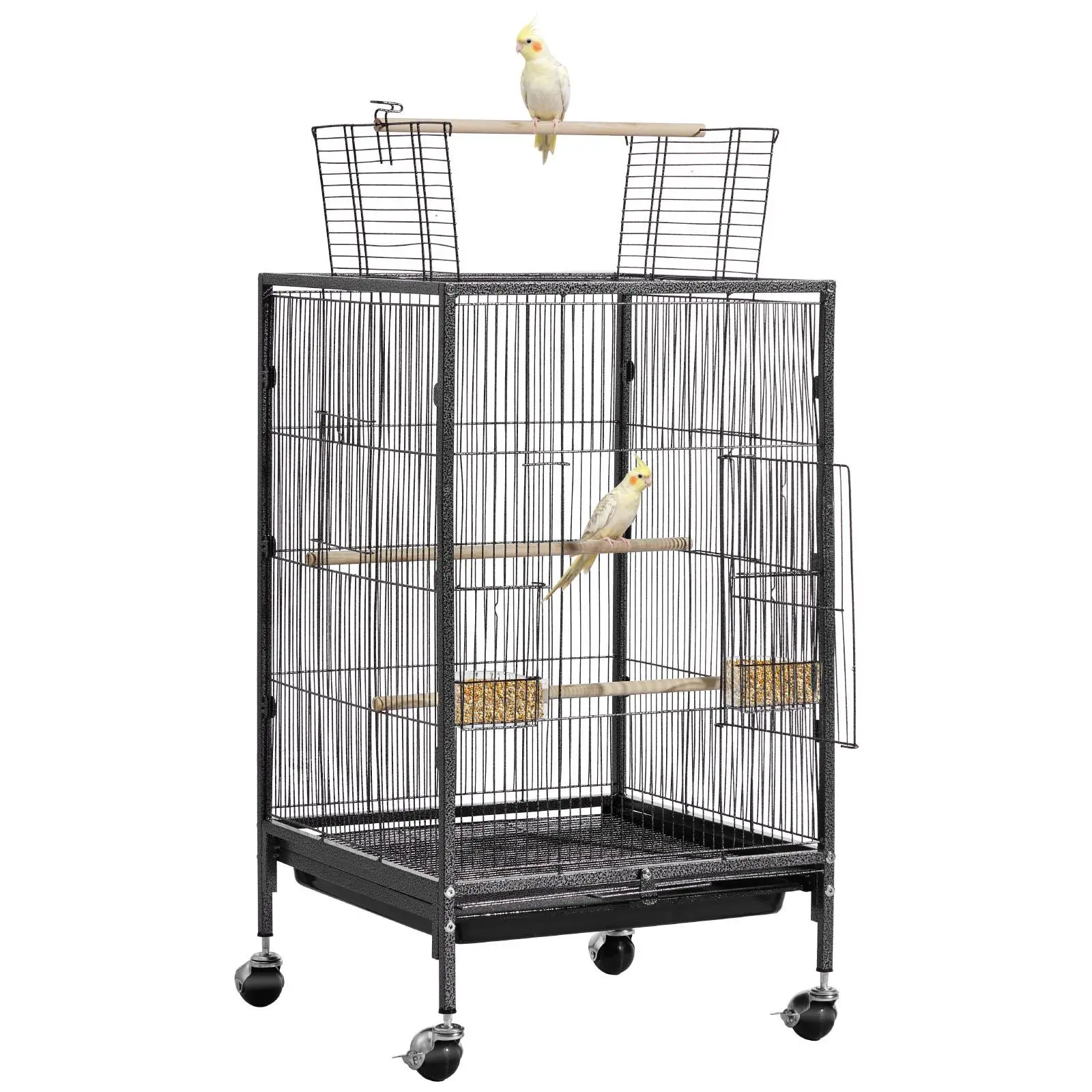 【summerfinds】VEVOR Durable Iron Bird Cage, 18x18x30 in Wrought Iron Build, Open Flat Top, Perches, Slide-Out Tray, Plastic Feeders, Casters, Bird Supplies for Parrots, Ideal for Living Room, Balcony, Durable Iron Cage