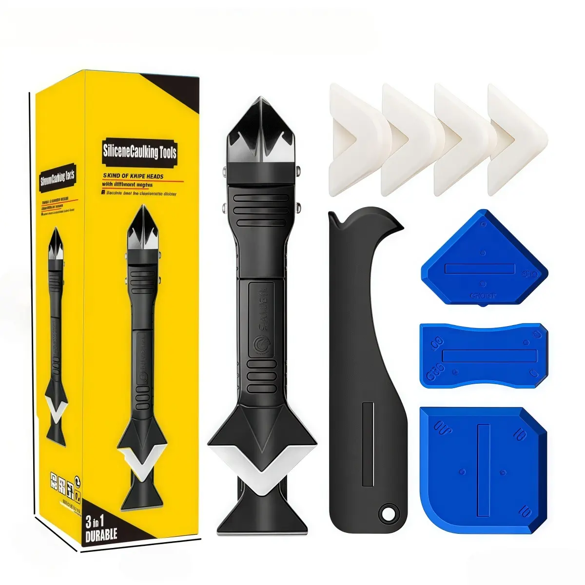 9pcs 3-in-1 Silicone Caulk Tool Set – Sealant Scraper, Grout Finisher Kit with Ergonomic Handle for Easy Floor and Adhesive, Sealant Extraction Set,with Stainless Steel Head