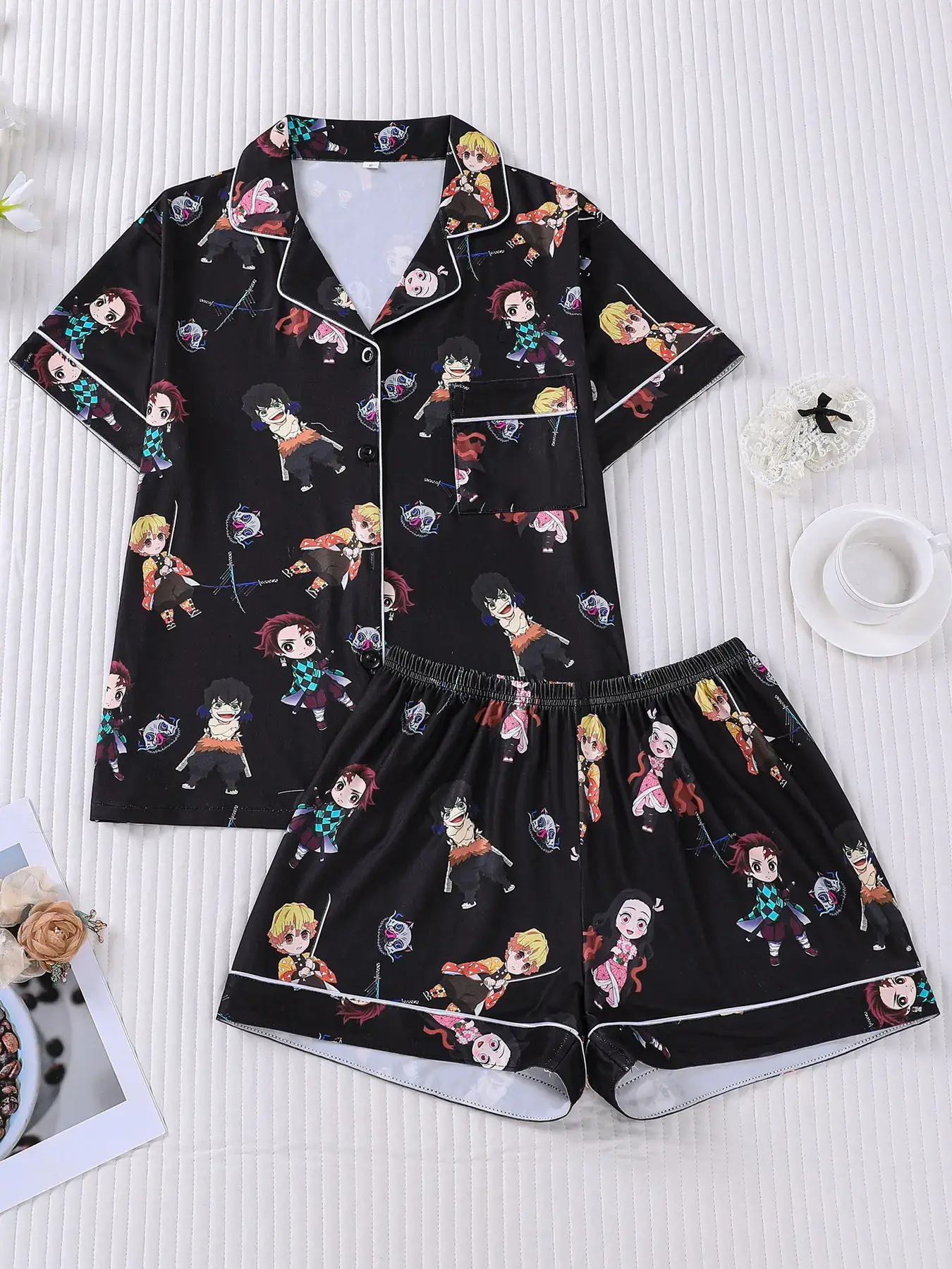 Demon Slayer Chibi Pajama Set for Women – Cute Pink Short Sleeve Lapel Top & Shorts, All-Over Print Sleepwear Lounge Set