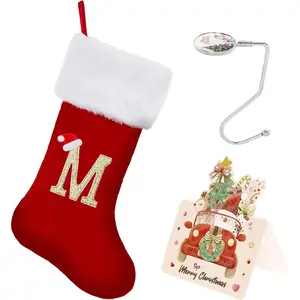Christmas Stockings with Initials, 20 Inches Large Monogram Letter Xmas Stocking with Gold Trim, Velvet Personalized Stockings for Family Holiday Season Decor (Red M)