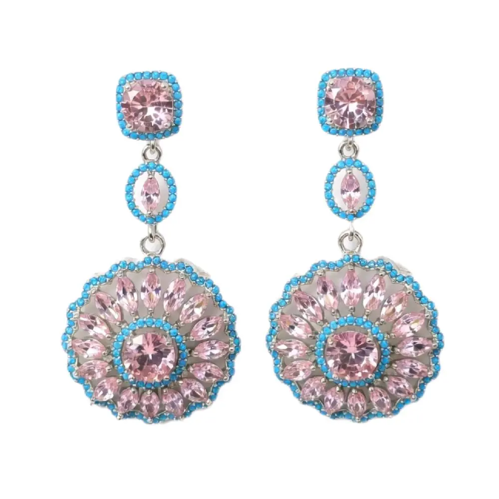 Elegant Pink & Turquoise Crystal Mandala Drop Earrings – Floral Sunburst Chandelier Earrings for Women – Bohemian Sparkle Statement Jewelry for Weddings, Parties, and Gifts