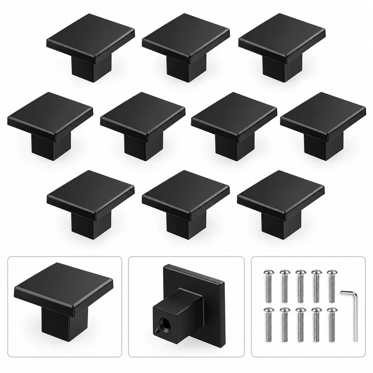 10 Pack of Square Kitchen Cabinet Knobs, Quality Drawer and Dresser Knob, Handle Pulls for Cabinet Doors, Bathroom Drawers, 1-3/16 Inch, Matte Black