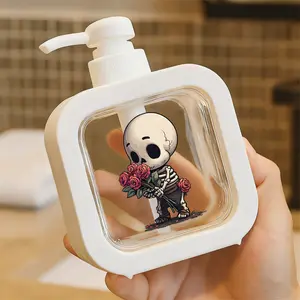 Cute Chibi Skeleton with Red Roses - Moisturizing Soap Pump Bottle, Spooky Romantic Cartoon Character Soap Dispenser for Kitchen Sink and Bathroom Decor, Bandaged Skeleton Design with Roses, Whimsical Black & Red Aesthetic