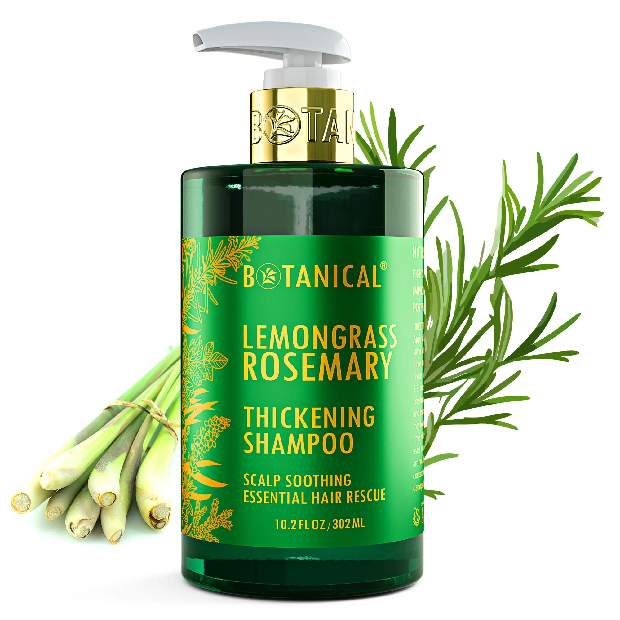 Botanical Hair Thickening Shampoo Scalp Soothing Lemongrass Rosemary Shampoo for Natural Hair Thinning Prevention for Men and Women - 10.2 Fl Oz