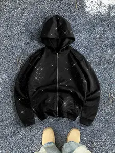 Starry Zipper Hoodie Jacket, Sparkling Sequin Open Front Coat, Fashionable High-End Brand Fitted Sweatshirt, Multiple Colors & Sizes S-2xl