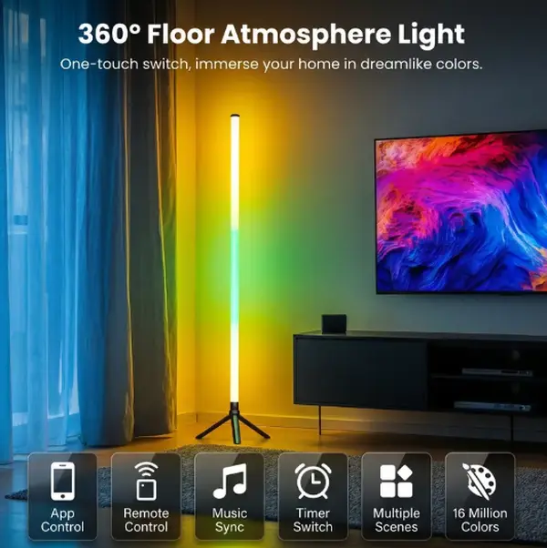 1PC RGB Smart LED Floor Lamp - Minimalist USB-Powered Color-Changing Corner Light with Music Sync, App Control, Remote Control, Indoor Ambient Lighting for Bedroom Room Decor B004