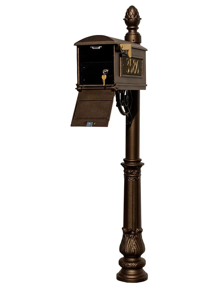 Lewiston LMC-LKIT-703-BZ Locking Mailbox Insert Post System with Lock + Keys for Lockable Door Letterboxes - Bronze, Ornate Base, Pineapple Finial, 3 Cast Plates