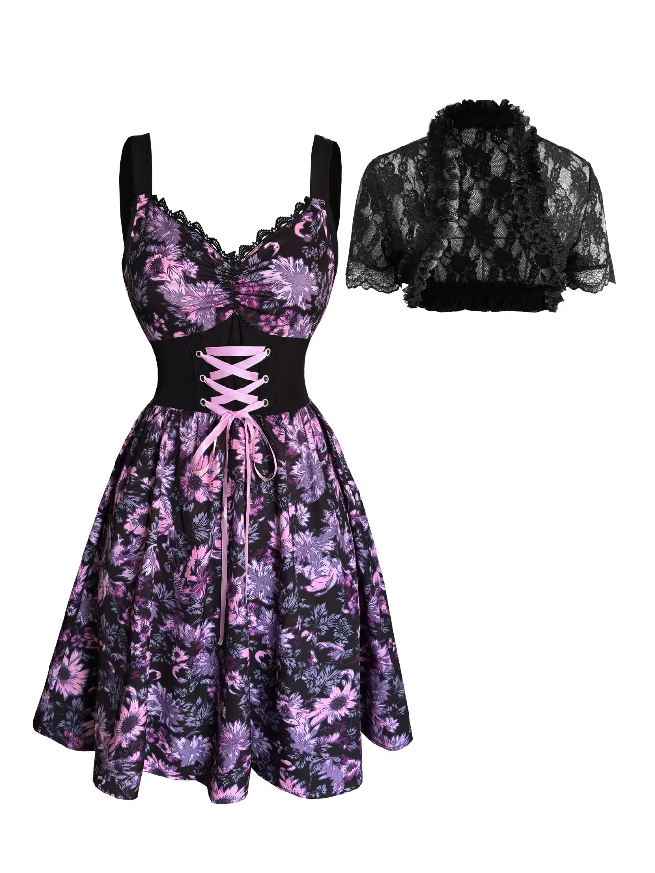 Elegant Daisy Print Dress and Lace Top Set, Vintage Lace Short Sleeve Top, Boho Style Floral V-Neck Dress, Slim Fit, Casual Summer, Womenswear