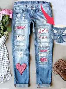 Women's Valentine's Day Distressed Mid-Waist Boyfriend Fit Washed Loose Denim Jeans Elastic Waistband Breathable Comfort Fabric All Seasons Wear