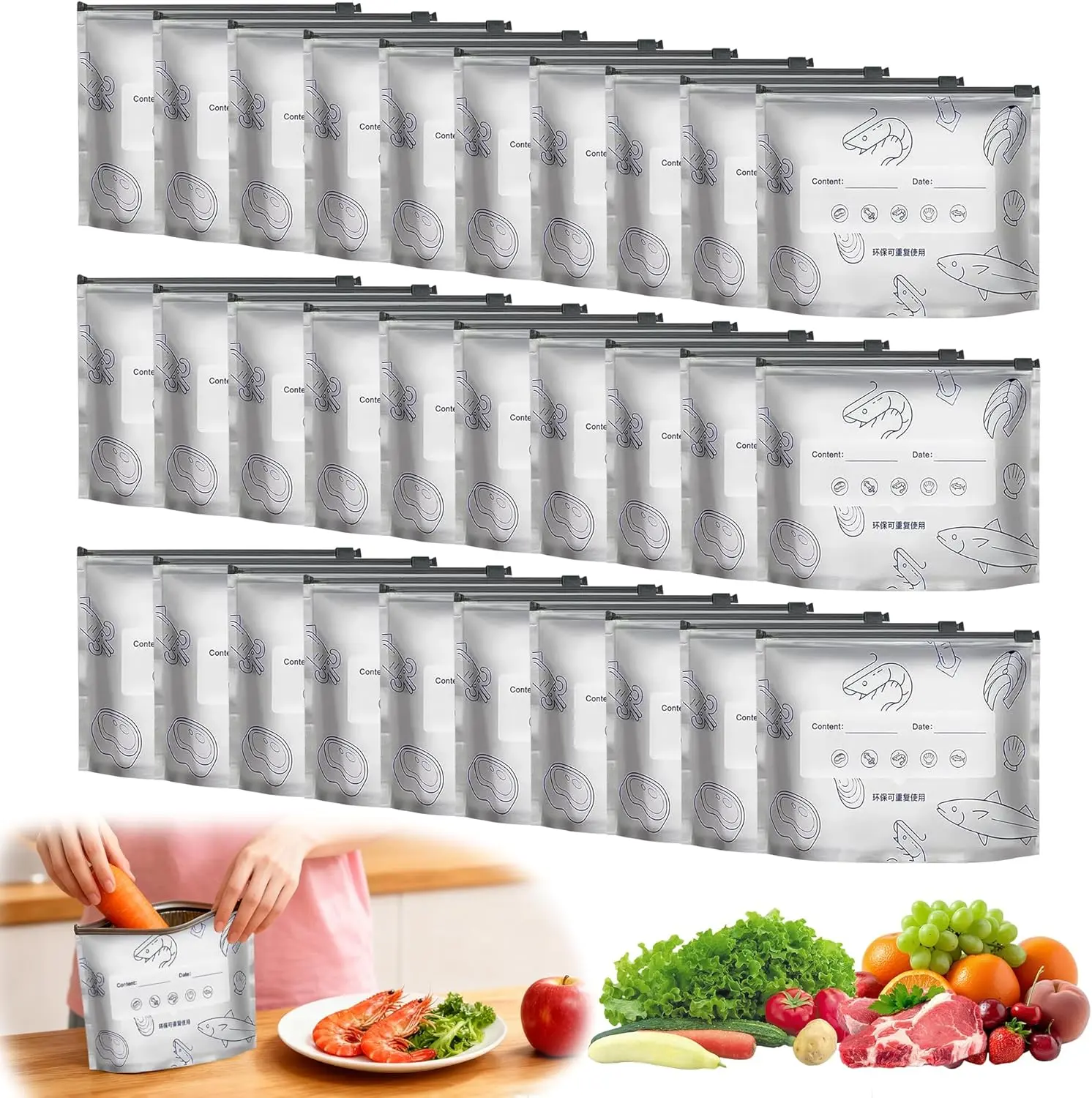 30Pcs Reusable Aluminum Foil Sealable Storage Bags, Thicken Stand Up Foil Sealable Bags with Label and Zip Lock, Aluminum Foil Bags for Food, Vegetable Fruit Meat