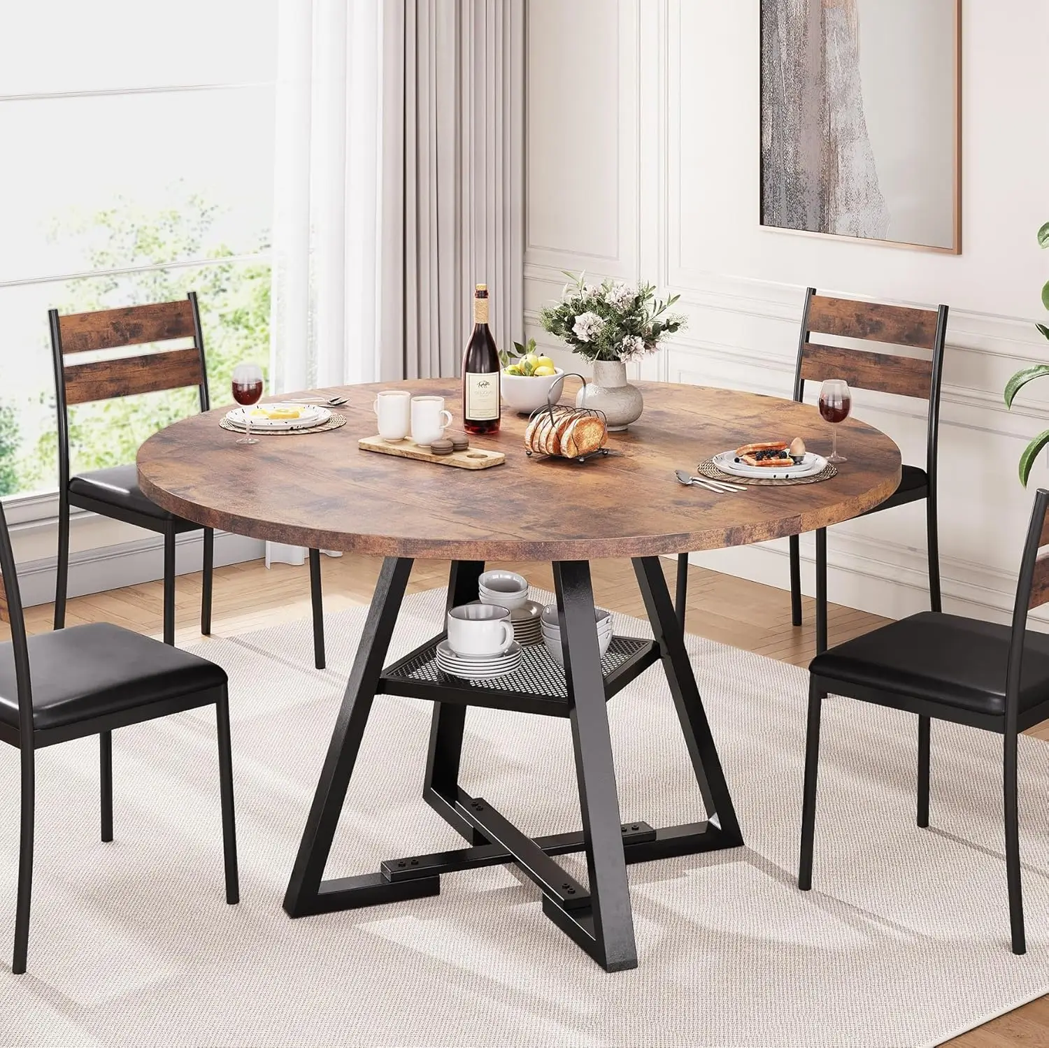 Jocoevol Furniture Round Dining Table, only table,room table 47 Inch Wooden Kitchen Table for 4 with Storage Shelves for Home, Kitchen, Living Room, O