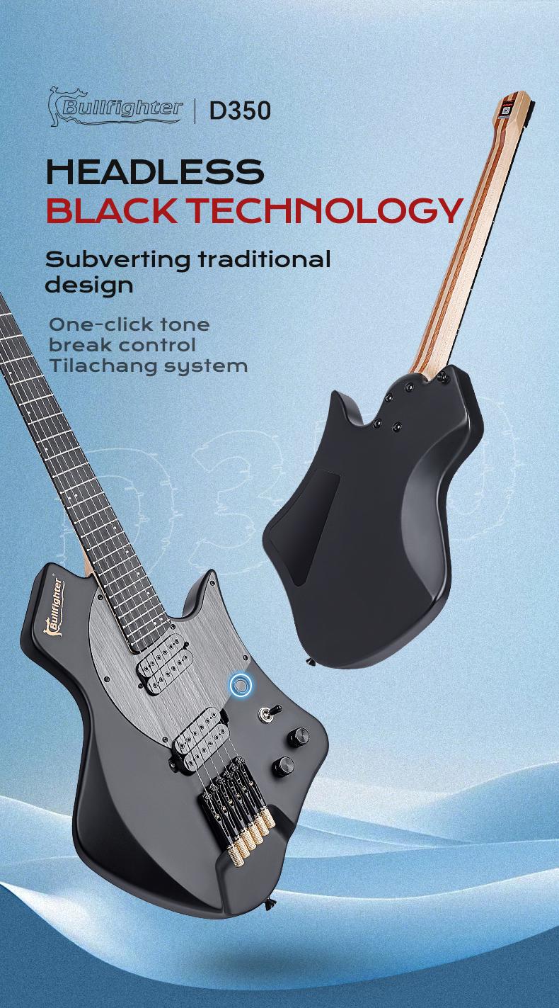 Bullfighter D350 Headless Electric Guitar – 24 Fanned Multi-Scale, Kill Switch Button for Stutter Effects, Pull-Push Coil Split, Lightweight Okoume Body – Modern Ergonomic Design for Technical Players