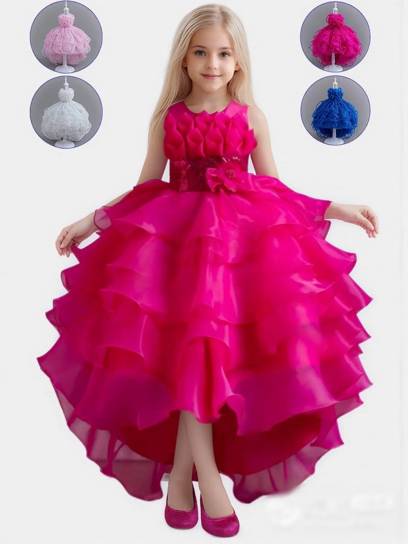 Children's Halloween Costumes,Girl's Glitter Tulle Formal Dress, Elegant Flower Decor Party Dress for Birthday Show Performance, Kids Clothes for All