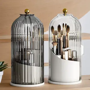 Birdcage Pen Holder Organizer Dustproof Cover Decorative Compartment Desktop Cosmetic Storage Box Rotating Makeup Brush Container Vanity Table