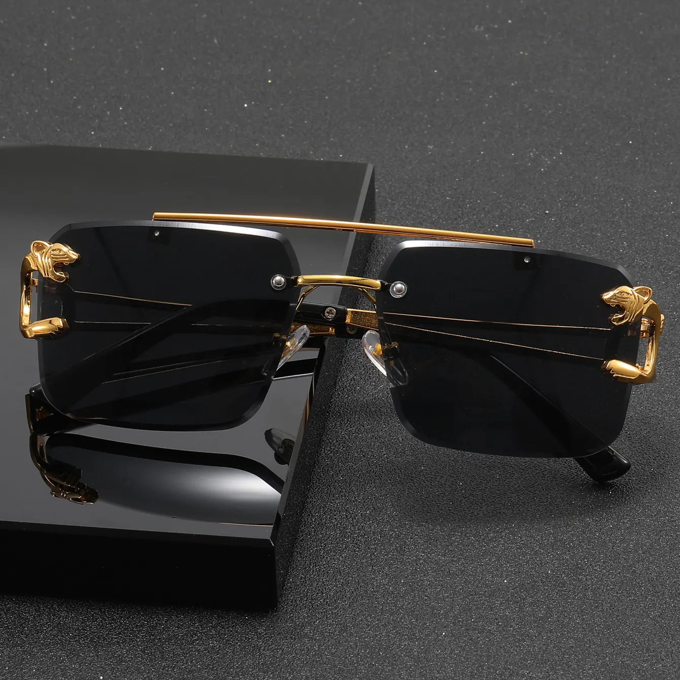 Tinted Metal Rimless Sunglasses with Gold Accents - Minimalist, Sleek Modern Eyewear, Chic Summer Fashion Accessory for Fashionistas
