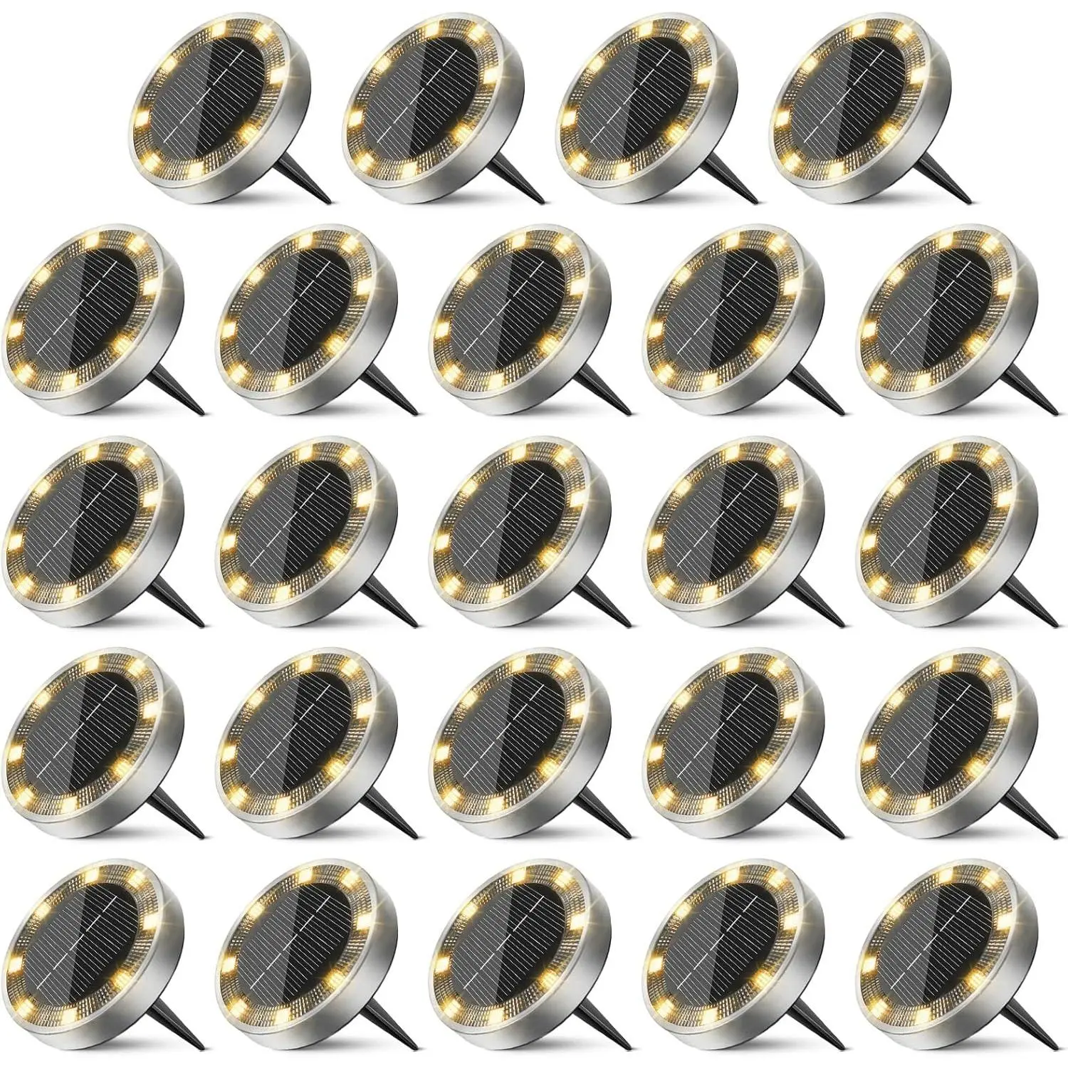 24 Pack Solar Ground Lights Outdoor, 8 LED Mini Flat Solar Disk Lights, IP65  Anti-Rust Disc Light, Landscape Lighting for Garden Pathway Yard Walkway Driveway Lawn,Warm White