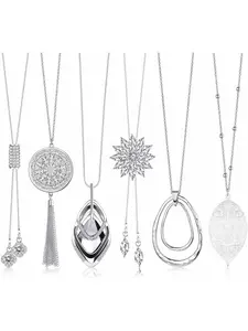 6Pcs Long Pendant Necklaces for Women Long Sweater Necklaces Silver Flower Tassel Disk Circle Leaf Statement Sweater Chain Necklace for Women Y Necklace Set Fashion Jewelry