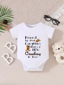 Newborn Summer Short Sleeve Jumpsuit, Unisex Baby Clothes, Cute Western Style Letter Print, Fun Fitted for Boys and Girls, Baby Clothing