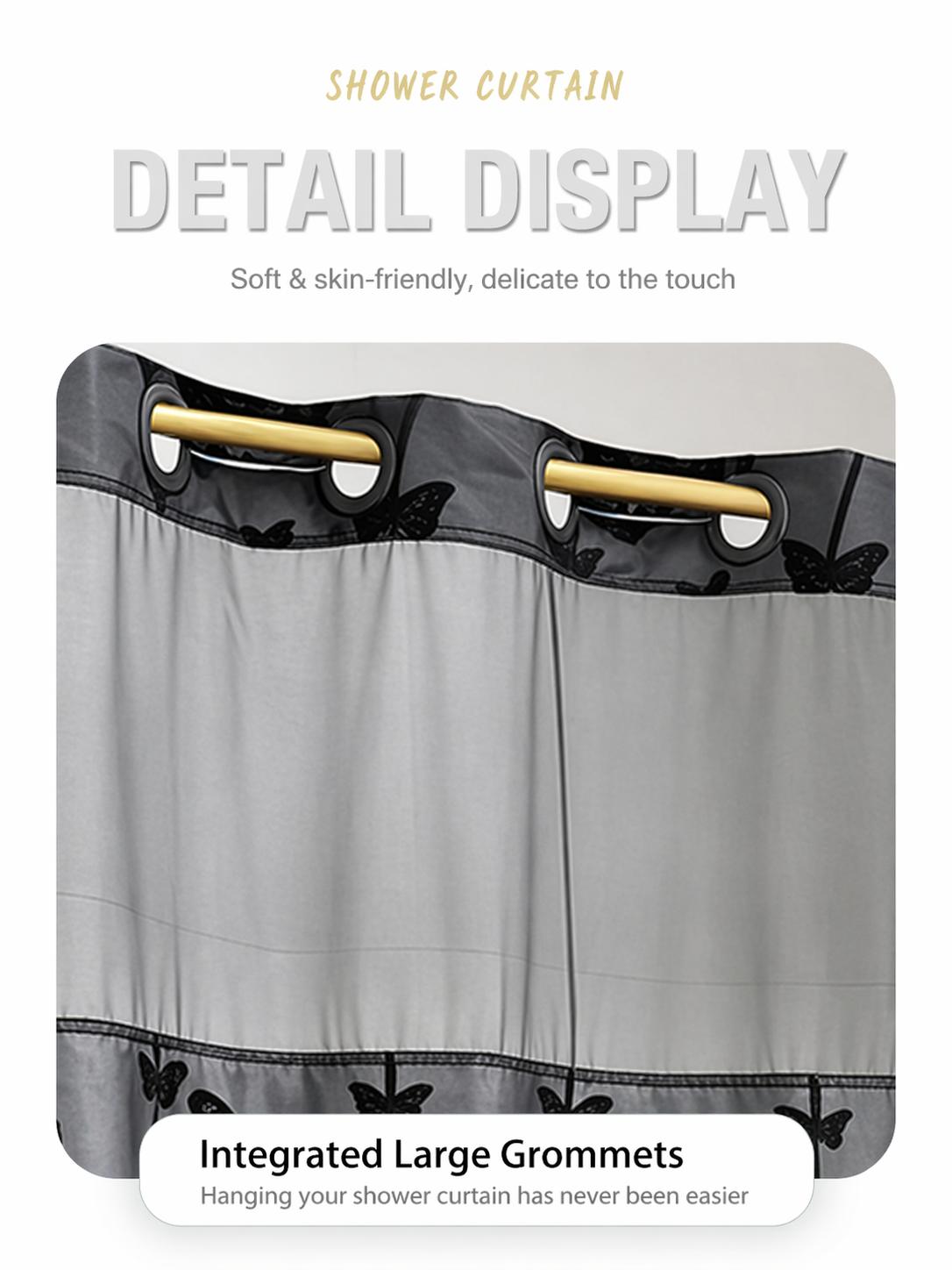 Black Butterfly Hookless Shower Curtain with White Mesh Window, Water-Resistant & Machine Washable Fabric Curtain, Easy Install Bathroom Decor, 72 x 75 Inch