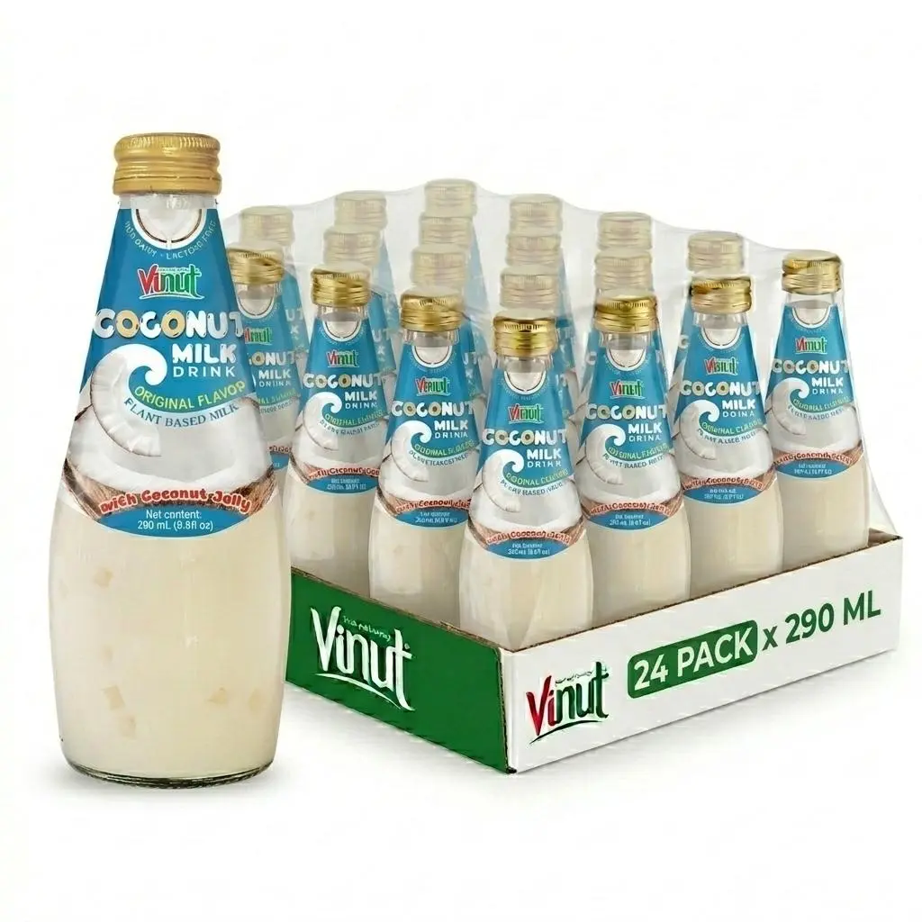 Vinut Coconut Milk Drink Original Flavor with Coconut Jelly Plant Based Non-Dairy Lactose Free 290ml Glass Bottle Pack of 6 12 or 24 Refreshing Beverage - Juice