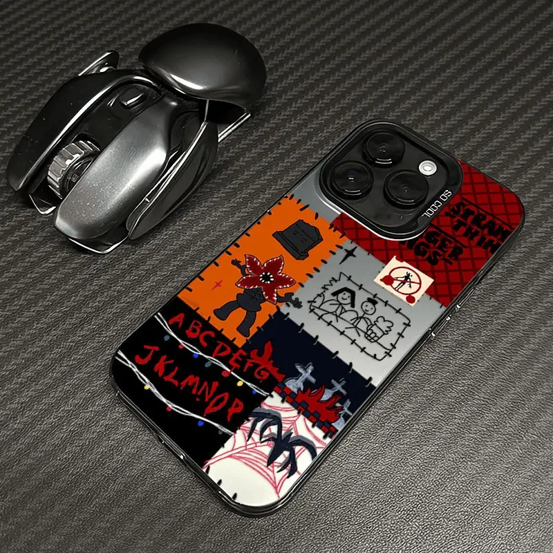 Trendy  80s Sci-Fi Horror Patchwork Phone Case Holo Frame Retro Alphabet Lights Graphic Holographic Bumper Cover Compatible with iPhone