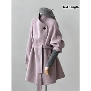 Pink Purple Mid-Length Coat for Women Winter Korean Style High-End Fashionable Age-Reducing Overcoat