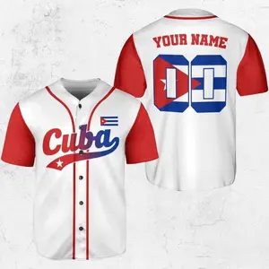 Personalized Cuba Baseball Jersey, Custom Name & Number Button Up Shirt, Cuban Flag 00 Back, White Red Sleeves Fan Gift, for Men Women