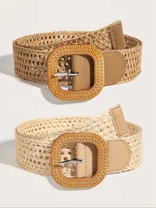 Unisex Bohemian Two-Piece Belt Set, Hollow Out Woven Belt, Breathable PP Grass Belt, Resin Buckle, Casual Summer Accessory