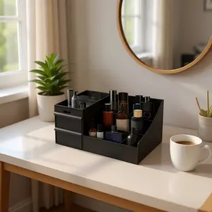 Luxury Black Grooming Station for Men Elegant 3-Tier Organizer with Drawers for Fragrance Skincare & Shaving Kit Perfect Gift for Boyfriend Husband Father