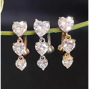 1 Piece Brilliant Triple CZ Gem Hearts Top Drop Dangle Reverse Navel/Naval Belly Ring- 14g - 10mm